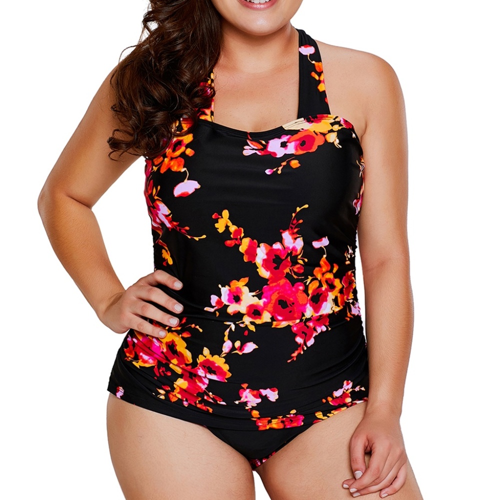 S029 One Piece Black Floral Print Swimsuit